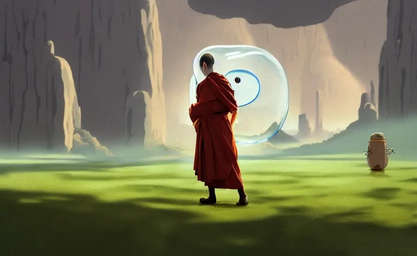 Image similar to a scary hyperrealist painting of a monk in a giant transparent bubble from howl's moving castle ( 2 0 0 4 ) in a flooded monument valley stonehenge jungle. depth perception, 4 k, artstation, in the style of studio ghibli