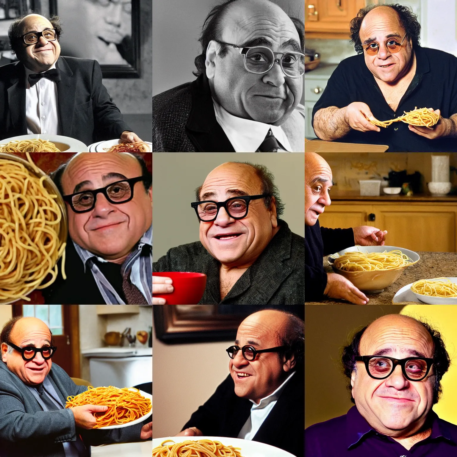 Prompt: danny devito looking at your bowl of spaghetti like he is going to eat it
