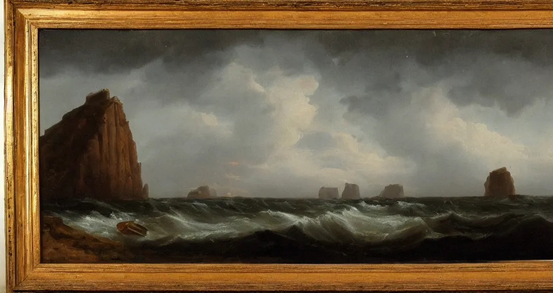 Prompt: an 1 8 th century! landscape painting of ship rock!!! moody! impressive! majestic, by carlos de haes!!!