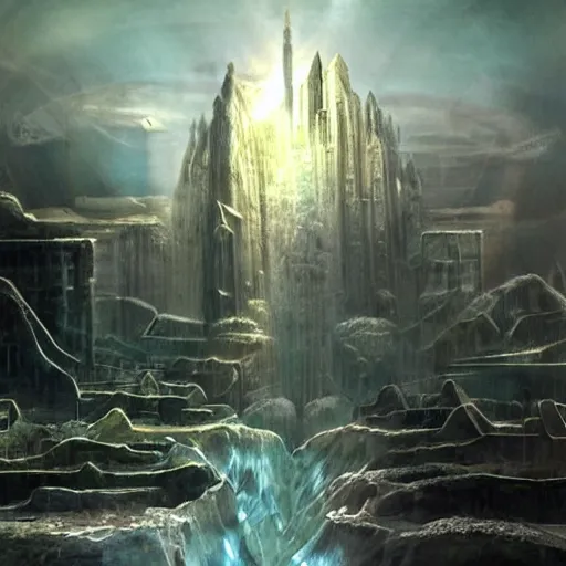 Image similar to fantasy rendering of atlantis rising, art deco city, torrent, maelstrom, dante, chiseled formations, atmospheric, ambient, frost, matte painting