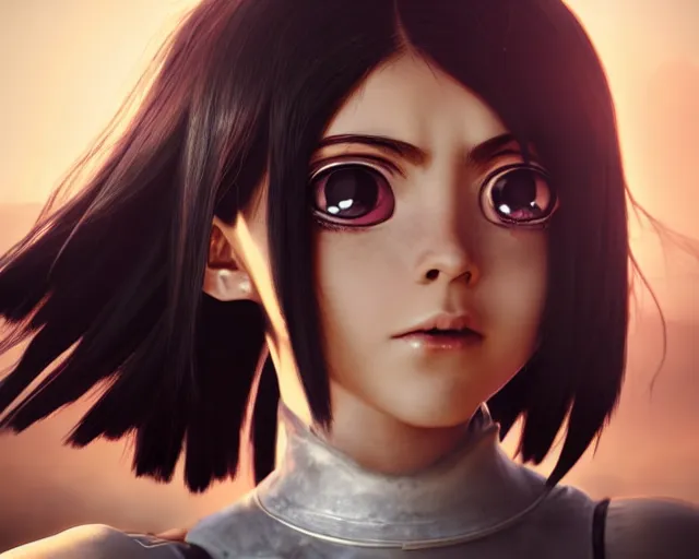 Prompt: battle angel alita, beautiful portrait, doe eyes, mouth open, photorealistic, lifelike, octane engine, cinematic lighting, high detail, high resolution