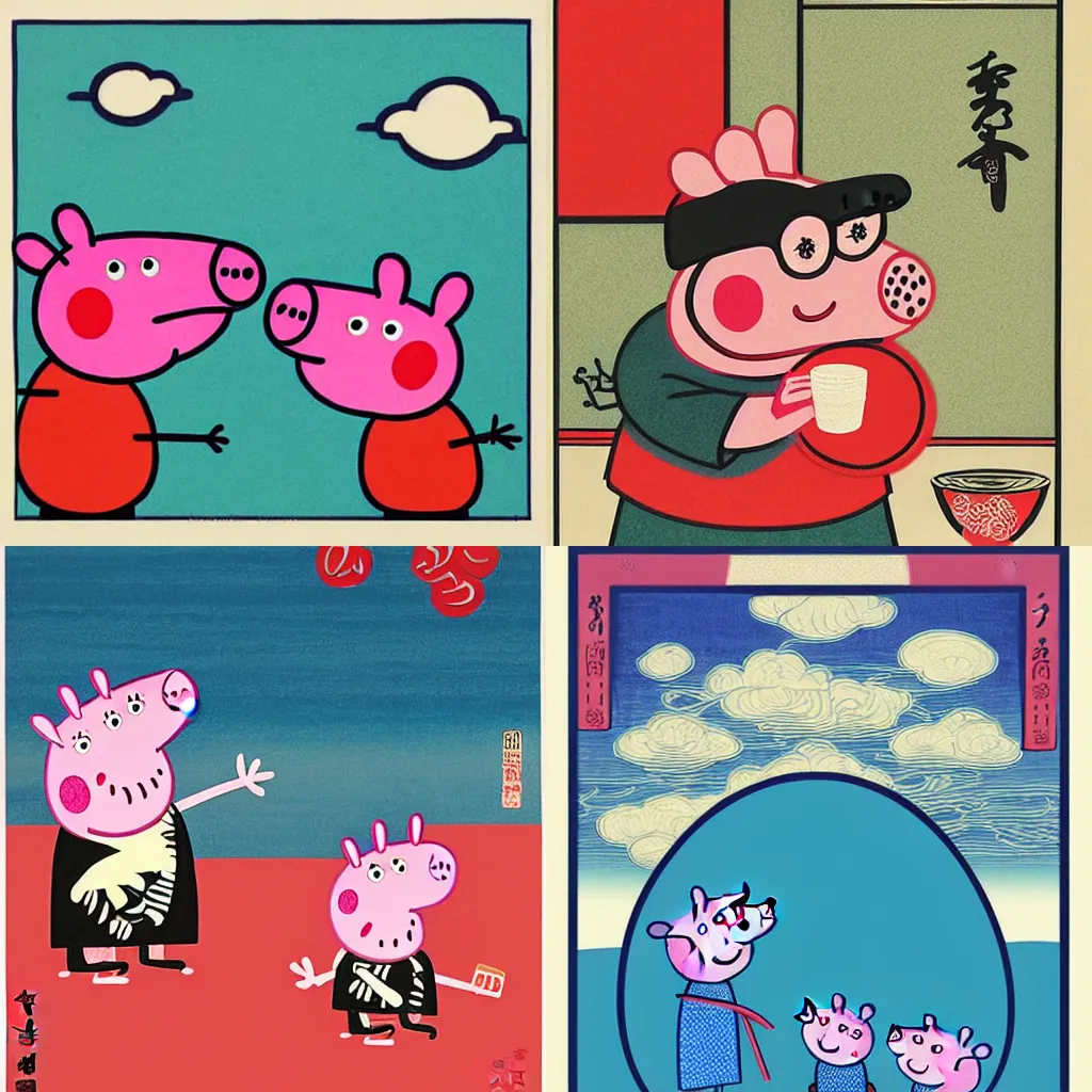 Prompt: peppa pig silk screen by ohara koson, shin yun - bok, pixiv contest winner, ukiyo - e, ukiyo - e