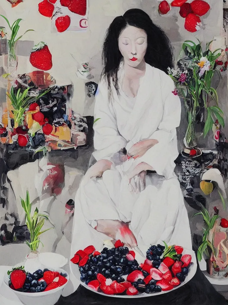 Image similar to “art in an Australian artist’s apartment, portrait of a woman wearing white cotton cloth, eating luscious fresh raspberries and strawberries and blueberries, white wax, edible flowers, Japanese pottery, ikebana, black walls, acrylic and spray paint and oilstick on canvas”