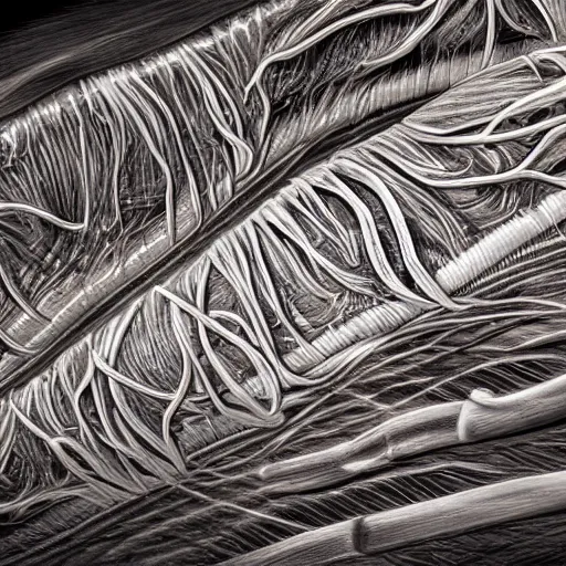 Image similar to detailed photorealistic artist's illustration of a myofibril muscle fibre mechanism, highly detailed, 4 k