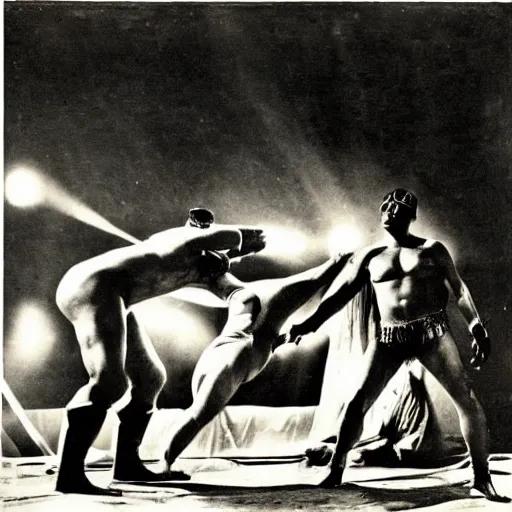 Image similar to photograph of lucha libre, nineteen twenties, avant garde, german expressionist cinema, by fritz lang, dramatic lighting, epic composition