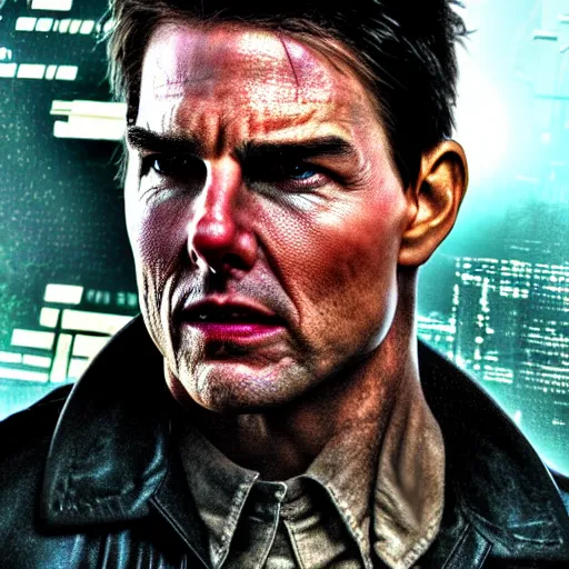 Prompt: tom cruise as a cyborg in cyperpunk 2 0 7 7, unmasked, movie still, cinematic, photorealistic, extreme detail, facial features, sharp focus, 8 k, rain, close up, anamorphic lens, lighting, dark, dystopia