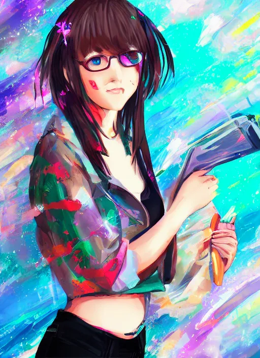 Image similar to woman wearing thrifty clothing, very anime, trending artwork, 4 k, dynamic and detailed, anime painter studio, glitz pro