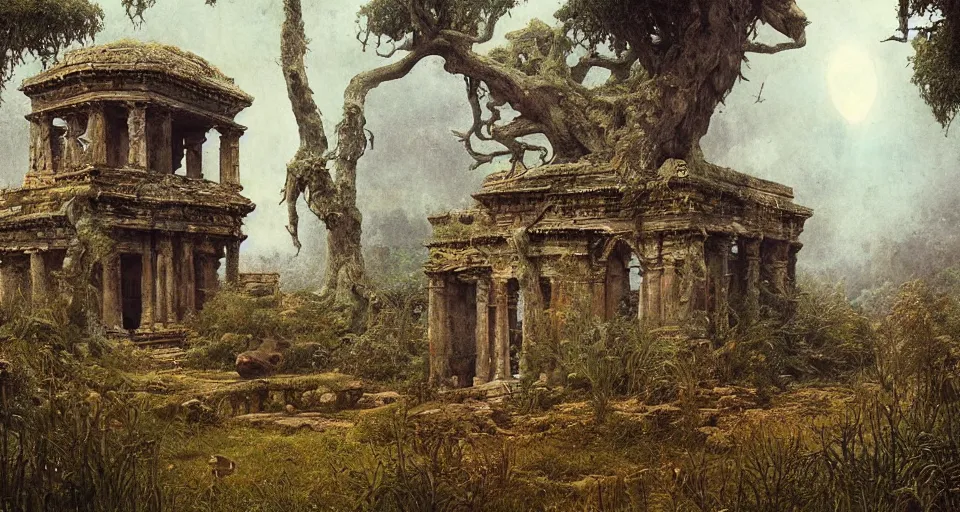 Prompt: ancient greek overgrown temple surrounded by wildlife, by beksinski, gustave moreau, bosch, retro fantasy illustration, highly detailed, photorealistic, illustration, matte painting, 8 k
