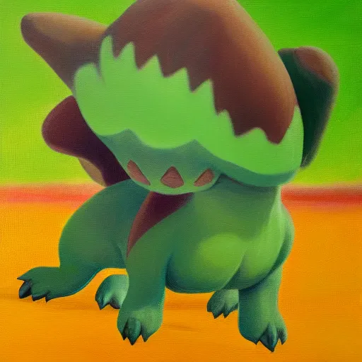 Image similar to Leavanny standing over a defeated rockruff, oil on canvas