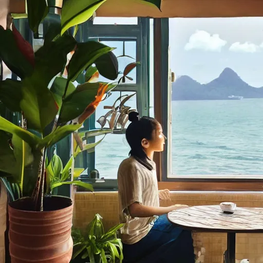 Image similar to a thin, pretty young Filipino woman sits near the window of a cute seaside Cafe with an espresso, golden morning light, cozy, tropical plants, still from Spirited Away