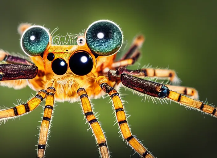 Prompt: super macro of a glass spider with big eyes and wings, sitting on a flower in the forest. Fantasy magic style. Highly detailed 8k. Intricate. Nikon d850 300mm. Award winning photography.