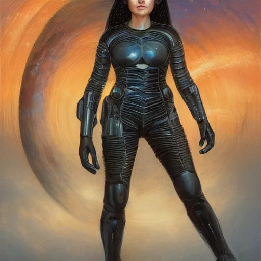 Image similar to pleiadian woman with big eyes and long silver hair wearing a dark body suit and wielding a plasma gun as a realistic sci fi character, portrait art by donato giancola and greg rutkowski, digital art, trending on artstation, standing in a barren field