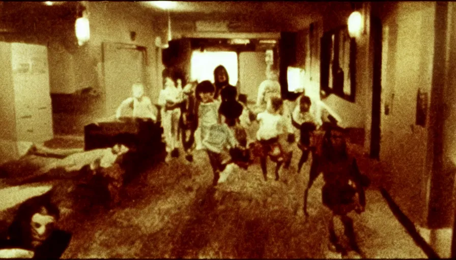 Prompt: 7 0 s film still from a horror movie with diseased children, kodachrome, cinecolor, cinestill, photorealism, cinematic, film grain, film texture, vhs recording