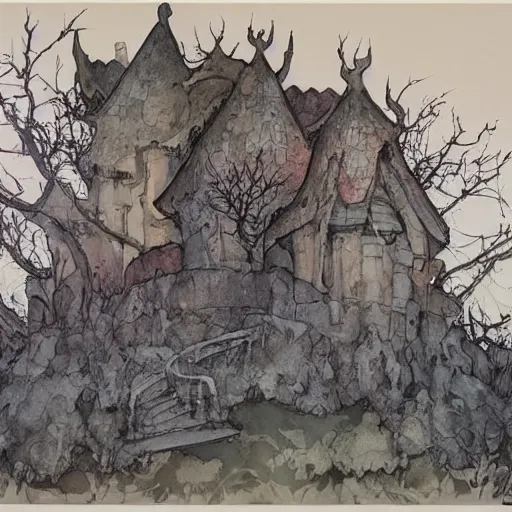 Prompt: james jean watercolor of a haunted castle in the woods, set an the end of a winding road