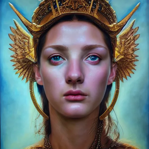 Image similar to hyperrealistic mixed media painting of beautiful goddess Athena, stunning 3d render inspired art by P. Craig Russell and Barry Windsor-Smith, perfect facial symmetry, dim volumetric lighting, 8k octane beautifully detailed render, post-processing, portrait, extremely hyper-detailed, intricate, epic composition, brown eyes, highly detailed eyes, realistic eyes, cinematic lighting, masterpiece, trending on artstation, very very detailed, masterpiece, stunning