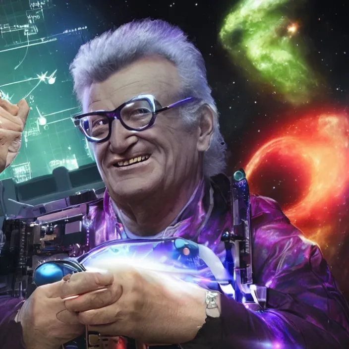 Image similar to a sci - fi hologram of harry caray in space, universe, lasers, galaxy, cyberpunk