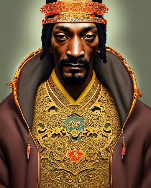 Image similar to portrait of snoop dogg, machine face, upper body, decorated with chinese opera motifs, asian, traditional chinese art, intricate, elegant, highly detailed, digital painting, artstation, concept art, smooth, sharp focus, illustration, art by artgerm and greg rutkowski and alphonse mucha, 8 k