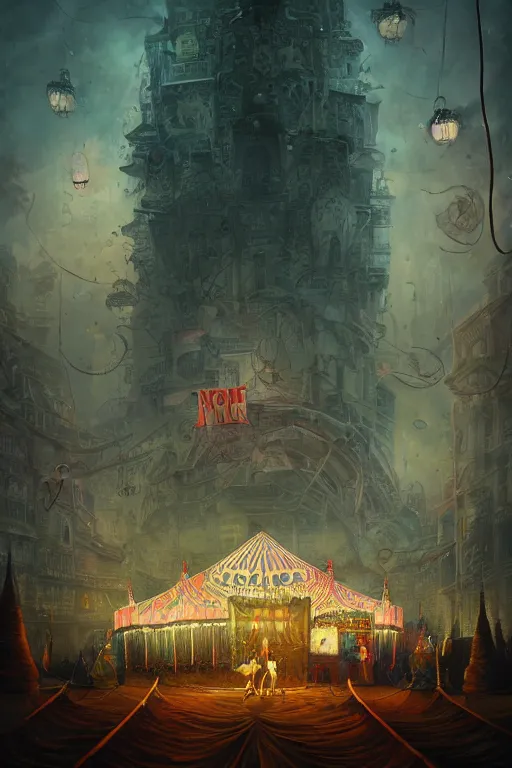 Image similar to a beautiful hyperrealistic painting of a night at the circus by Anato Finnstark, Anton Semenov, Alejandro Burdisio, trending on artstation, gigantic, octane render, brilliantly coloured, intricate, ultra wide angle, trending on artstation, dusk, volumetric lighting, polished, micro details, ray tracing, 8k