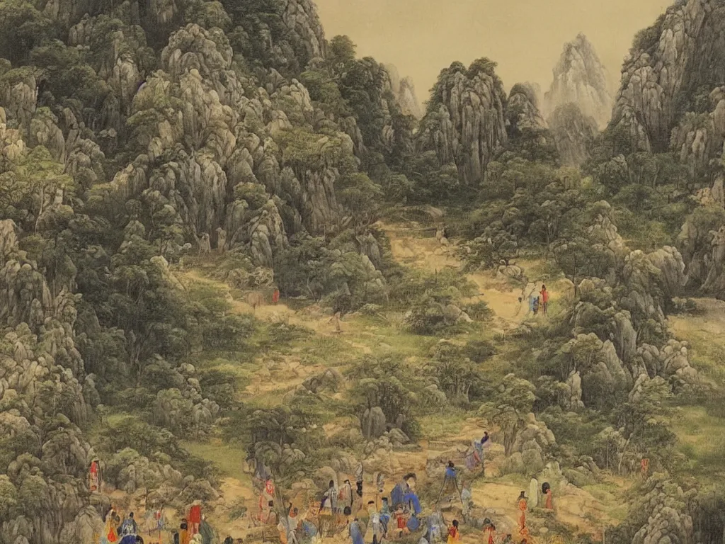 Prompt: landscape painting by shenzhou 沈 周, mountains, karst, waterfalls, peasants working, farm animals, ox, long stairs through the hills, ponds