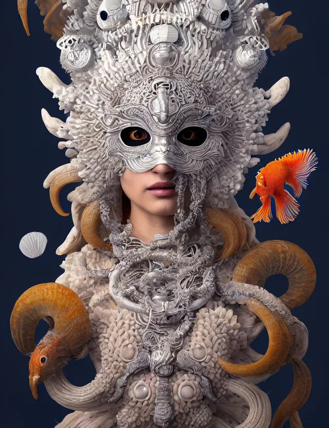 Image similar to 3 d goddess close - up 3 / 4 portrait with ram skull. beautiful intricately detailed japanese crow kitsune mask and clasical japanese kimono. betta fish, jellyfish phoenix, bio luminescent, plasma, ice, water, wind, creature, artwork by tooth wu and wlop and beeple and greg rutkowski