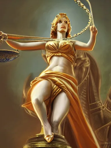 Image similar to lady justice blindfoldedholding a balance. intricate, elegant, highly detailed, digital painting, artstation, concept art, sharp focus, illustration, by justin gerard and artgerm, 8 k