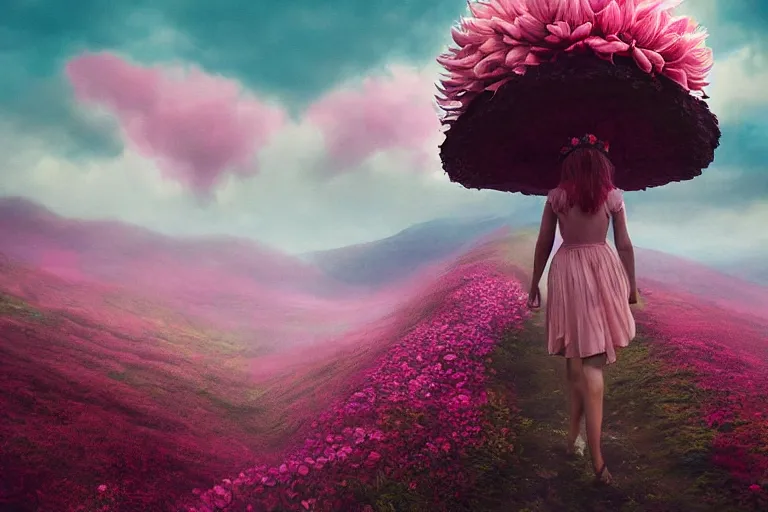 Image similar to giant dahlia flower crown head woman walking on mountain, surreal photography, pink storm clouds, dramatic light, impressionist painting, digital painting, artstation, simon stalenhag