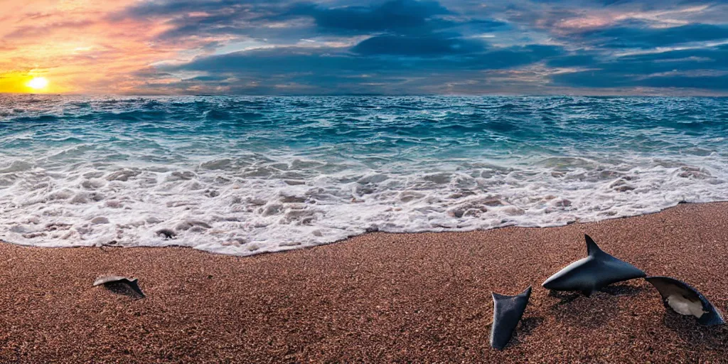 Prompt: beach rock, sea shore, hundreds of shark fins in the waves, dark silouhettes under water, sunset, waves