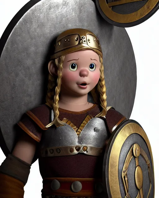 Image similar to a toy of a viking girl with her shield raised to defend, pixar style, authentic viking armor, historically accurate, clean detail, symmetrical, octane render, studio lighting