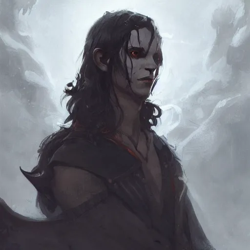 Image similar to portrait of a tiefling boy with long dark hair, horns, and pitch black eyes, dungeons and dragons character, art by Greg Rutkowski