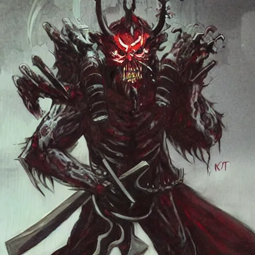 Prompt: a demonic creature with a sword in his hand, concept art by Kishi Ganku, featured on pixiv, shock art, apocalypse art, official art, cosmic horror