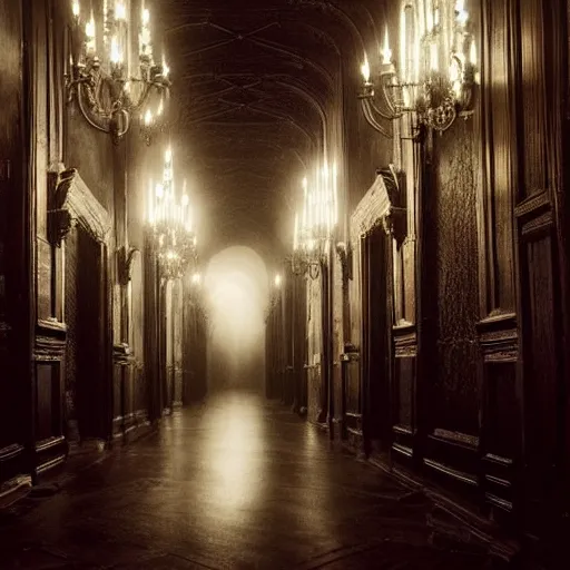 Image similar to a long hallway of mirrors. victorian interior, with many mirrors, elegant design, haunting atmosphere, dark lighting, gothic, horror style, scary, swirling fog, volumetric lighting, by greg rutkowski, realistic, dutch angle,