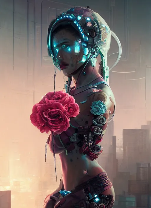 Image similar to portrait of a seductive female with roses, cyberpunk cyborg. roses, muted colors, sci fi, intricate abstract upper body intricate artwork, by tooth wu, wlop, beeple, dan mumford. concept art, octane render, deviantart, greg rutkowski, cinematic arthouse, key art, hyper realism,