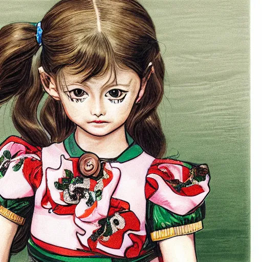 Image similar to little girl wearing an gucci's outfit. art made by hirohiko araki, inspired by balthus, highly detailed, realistic,