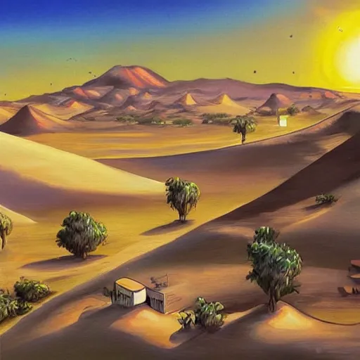 Image similar to a beautiful painting of a village in the desert, white houses, two suns, cowboy bebop