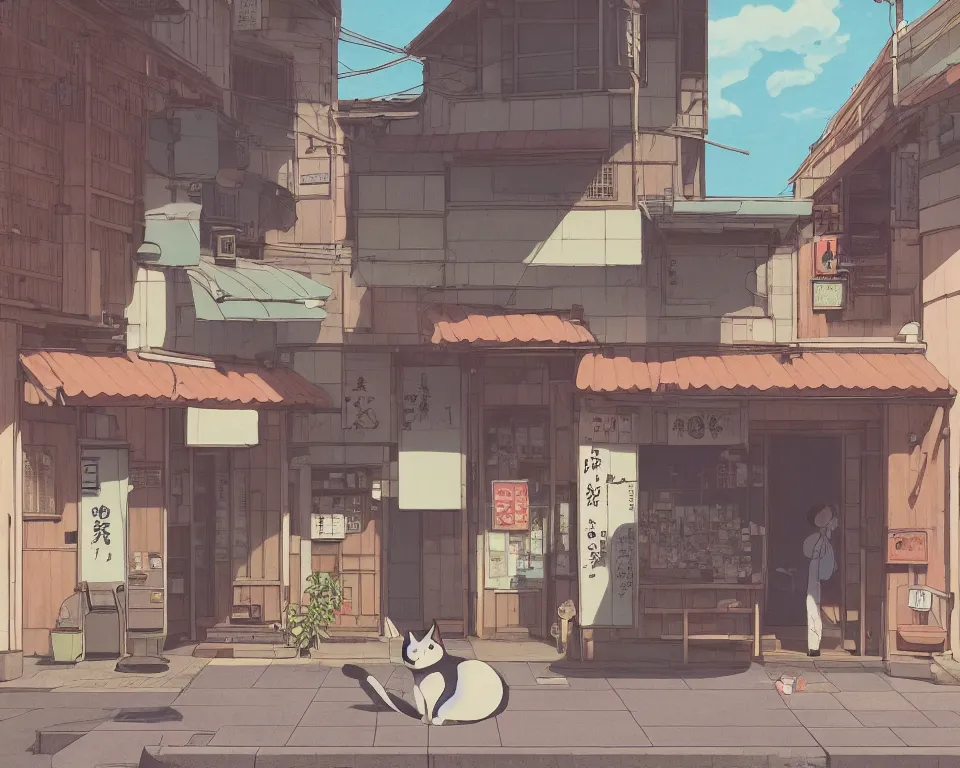 Image similar to beautiful illustration of a lazy cat siting in front of a small shop front in kyoto on a fine summers day, anime manga style, aesthetic, cory loftis, james gilleard, atey ghailan, makoto shinkai, goro fujita, studio ghibli, makoto shinkai