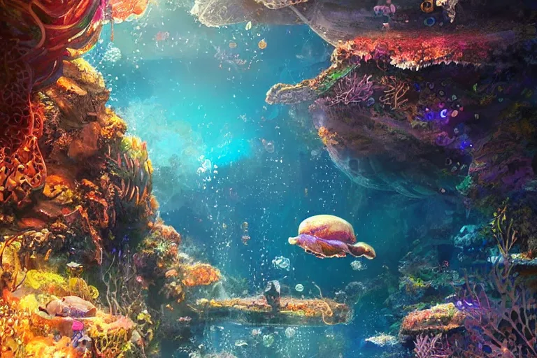 Image similar to beautiful painting of a huge caretta wearing a metallic armour floating in a natural cave aquarium, coral reef, water bubbles, intricate details, jewel fishes, two magnificent jelly fish, highly detailed, artstation, art by pascal campion, dynamic light, god rays of light, volumetric light, cinematic mood