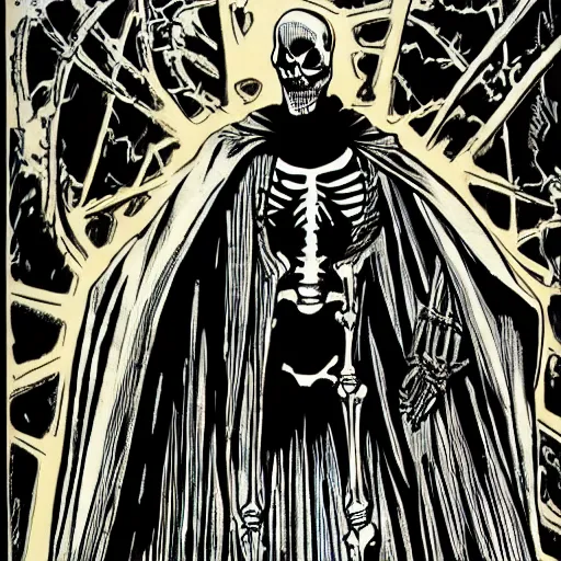 Prompt: a skeleton in black cloak by Alan Davis
