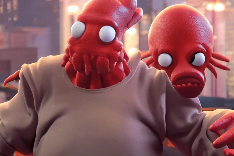 Prompt: zoidberg in a live action futurama movie, 3 d rendered, 3 d rendering, dramatic lighting, unreal engine