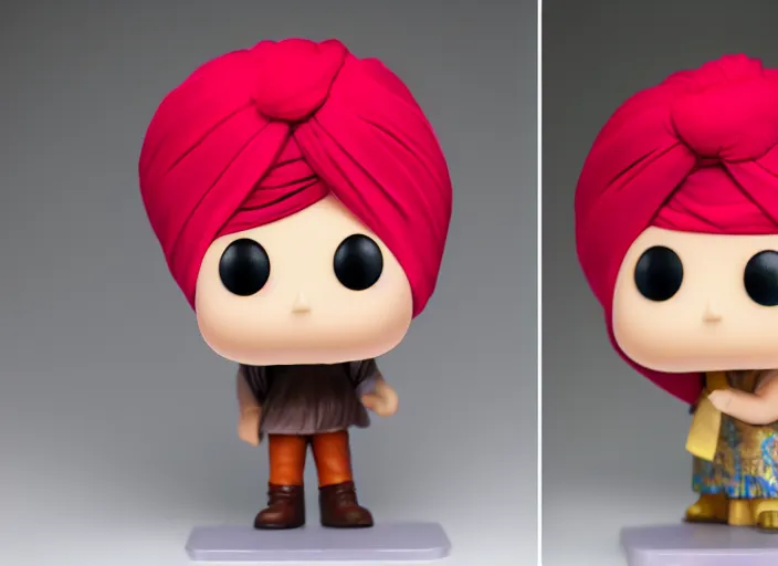 Image similar to photo still of a funko pop wearing a turban, 8 k, studio lighting bright ambient lighting key light, 8 5 mm f 1. 8