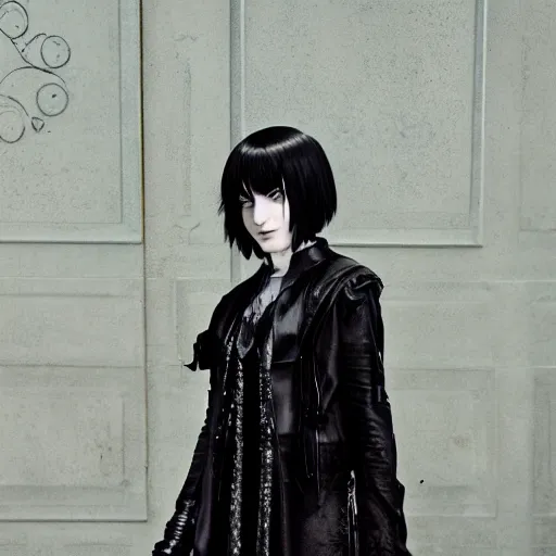 Prompt: 1 7 - year - old goth girl, black hair, long bob cut, long bangs, gothic coat, dark hallways, soft lighting, glowing keypads, secret society, roman pillars, strong lighting, strong shadows, vivid hues, ultra - realistic, sharp details, subsurface scattering, intricate details, hd anime, 2 0 1 9 anime