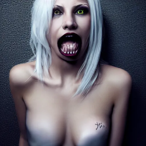 Prompt: Hot young woman, winking, grey skinned, void eyeballs, white hair, tattoos, wearing leather, concept art, 4k,
