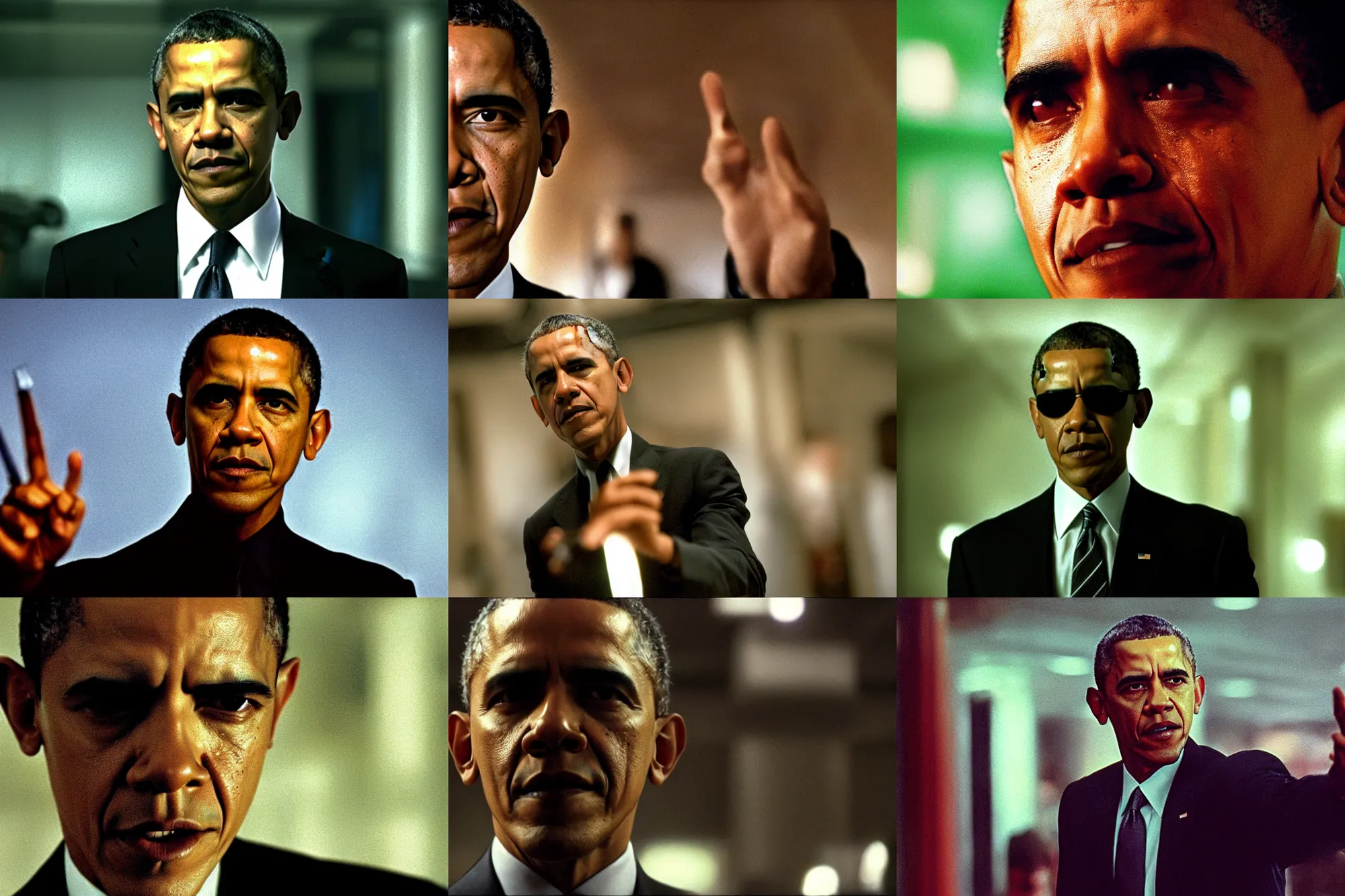 Prompt: a film still of Barack Obama as Agent Smith in The Matrix (1999), extreme closeup, dramatic lighting