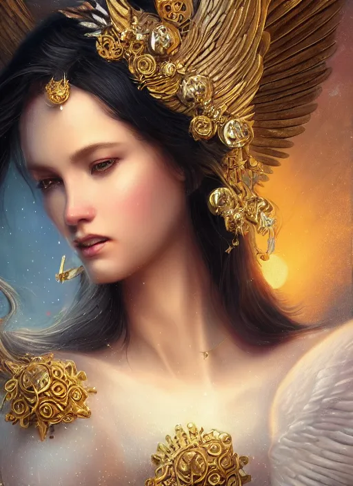 Image similar to A beautiful digital painting of a female angel full of jewels, princess, the sun behind her, intricate, cinematic lighting, highly detailed, digital painting, Artstation, concept art, smooth, sharp focus, illustration, art by Tom Bagshaw, Artgerm and Greg Rutkowski