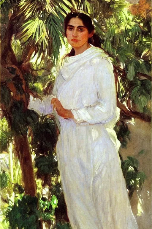 Prompt: portrait of persian girl near a lot of palm trees and bougainvillea, painting by john singer sargent