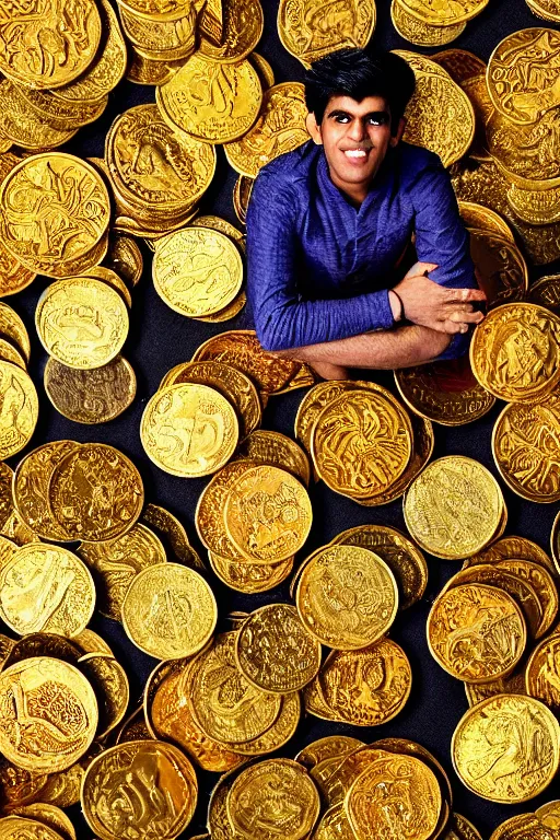 Image similar to intricate color photo of rishi sunak on top of a mountain of gold coins 8 k octane beautifully detailed render