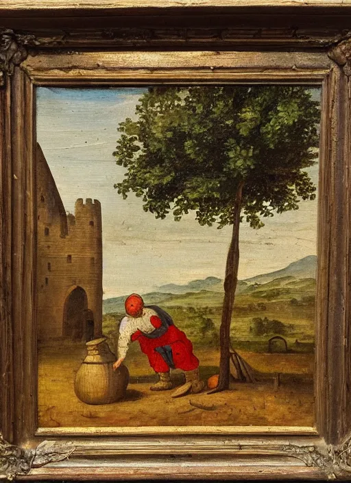 Image similar to a 1 6 th century oil painting of a medieval peasant tending to a farm beside a castle