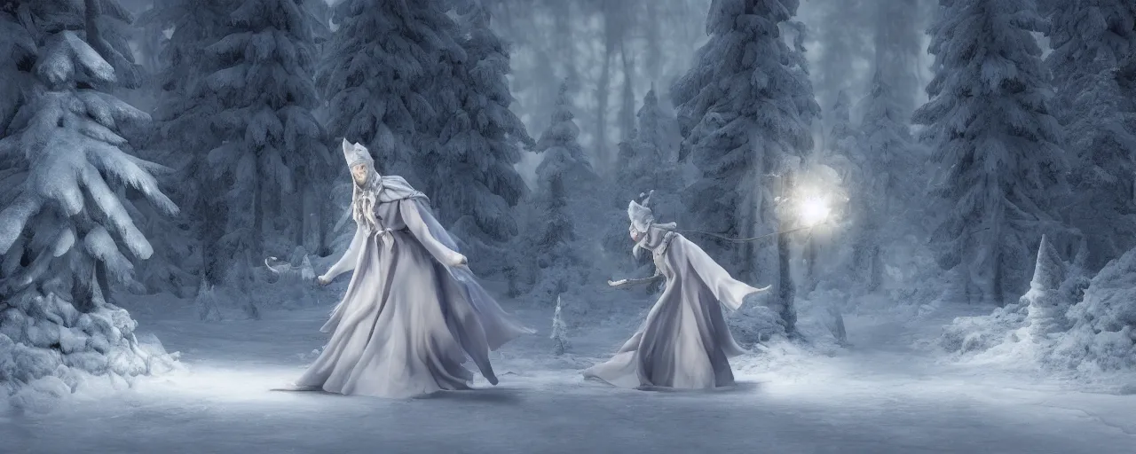 Prompt: ice wizard casting a freeze spell in a snowy forest, rococo inspired clothes, dramatic lighting, zbrush, concept art, 4K