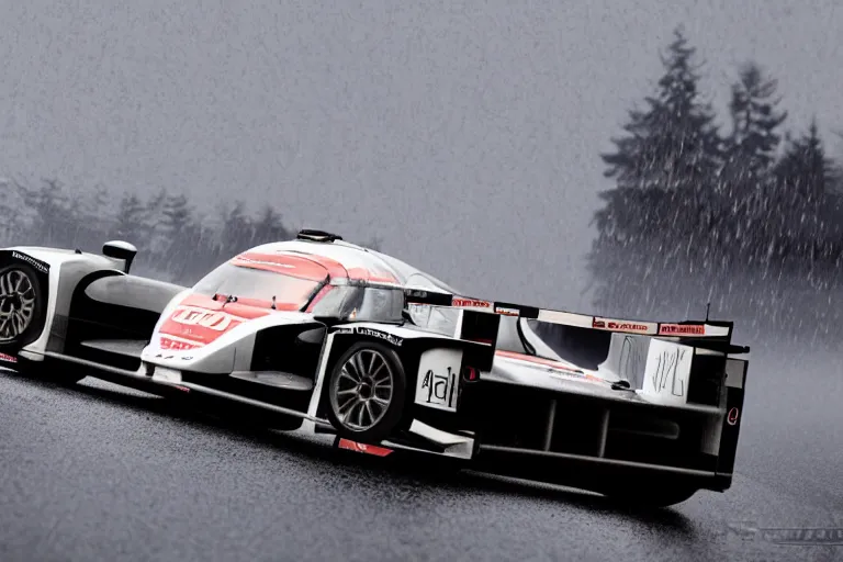 Image similar to detailed photo of the porsche 9 1 9 in heavy rain at circuit de spa - francorchamps, in the art style of nihonga