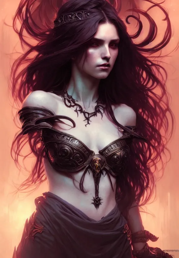 Image similar to Necromancer Sorceress in center, fantasy magic, undercut hairstyle, dark light night, intricate, elegant, sharp focus, illustration, highly detailed, digital painting, concept art, matte, art by WLOP and Artgerm and Greg Rutkowski and Alphonse Mucha, masterpiece