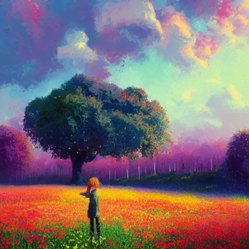 Prompt: face made of flowers, standing in a flower field, big trees, sunrise dramatic light, impressionist painting, colorful clouds, digital painting, pointillism, artstation, simon stalenhag